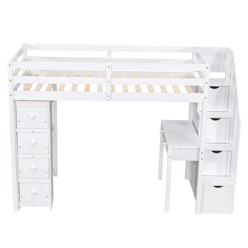Lit mezzanine avec tiroirs de rangement, bureau et escalier, lit mezzanine en bois avec étagères