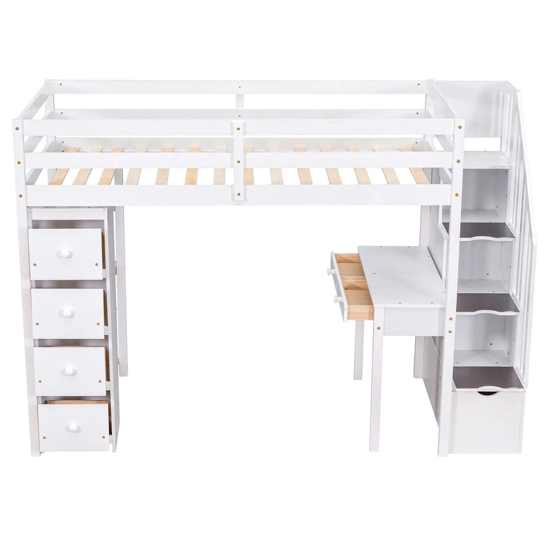 Lit mezzanine avec tiroirs de rangement, bureau et escalier, lit mezzanine en bois avec étagères