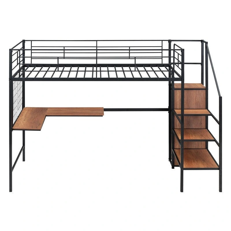 Lit mezzanine double en métal avec bureau, grille et armoire