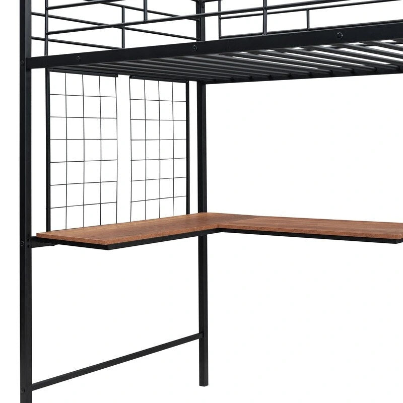 Lit mezzanine double en métal avec bureau, grille et armoire