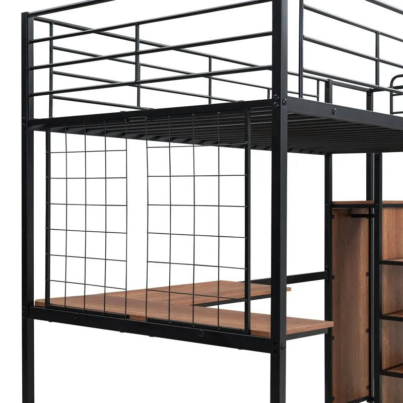 Lit mezzanine double en métal avec bureau, grille et armoire