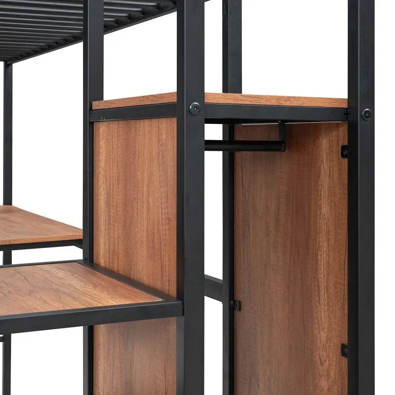 Lit mezzanine double en métal avec bureau, grille et armoire