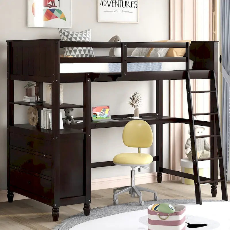 Lit mezzanine en bois massif de taille double avec commode à tiroirs, bureau et étagères