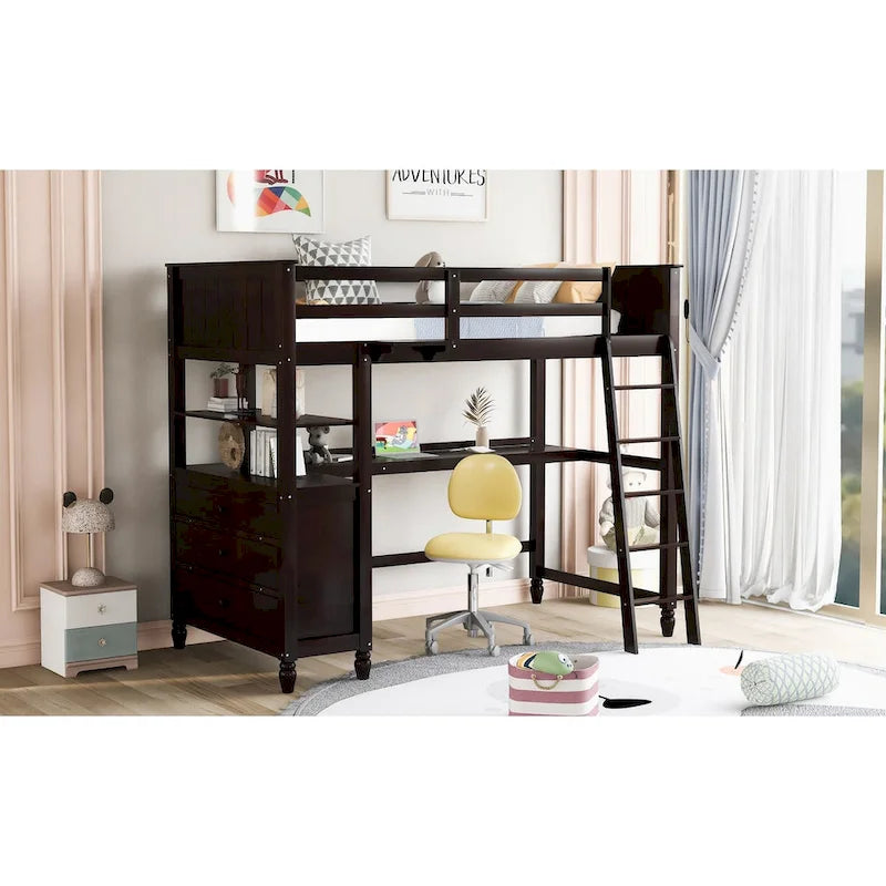 Lit mezzanine en bois massif de taille double avec commode à tiroirs, bureau et étagères