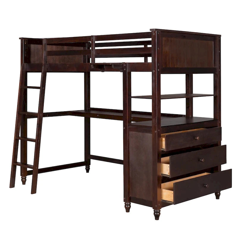 Lit mezzanine en bois massif de taille double avec commode à tiroirs, bureau et étagères