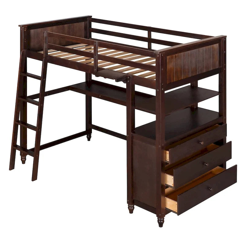 Lit mezzanine en bois massif de taille double avec commode à tiroirs, bureau et étagères