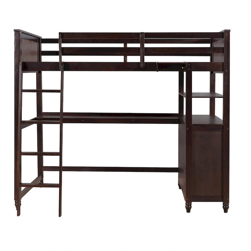Lit mezzanine en bois massif de taille double avec commode à tiroirs, bureau et étagères