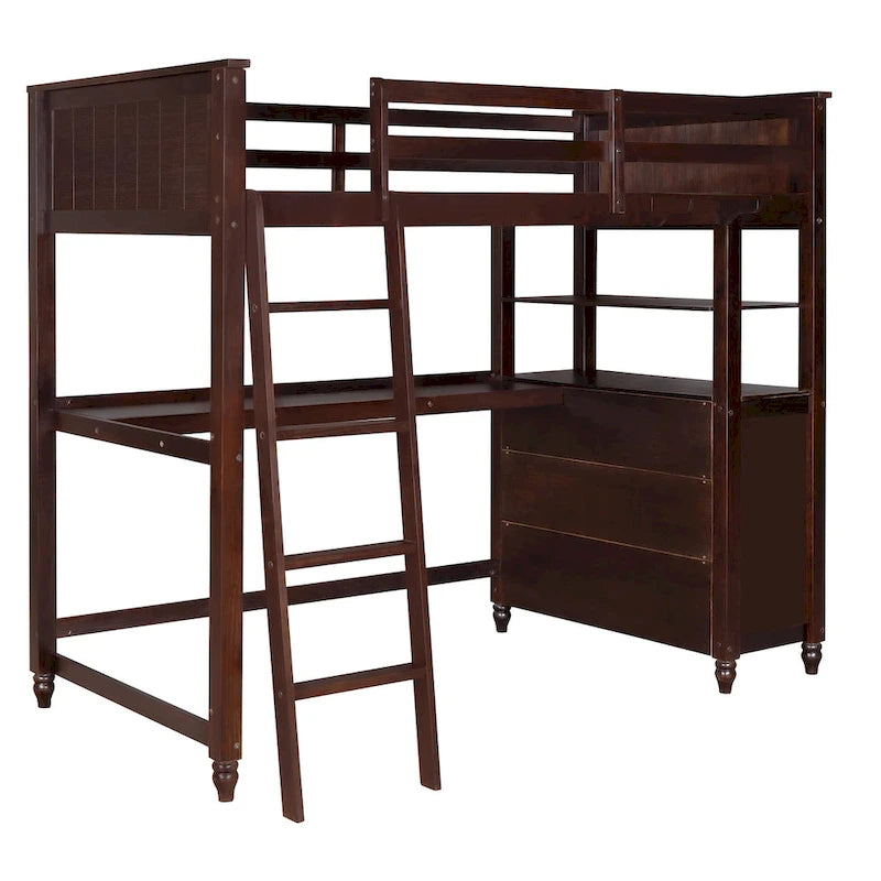 Lit mezzanine en bois massif de taille double avec commode à tiroirs, bureau et étagères