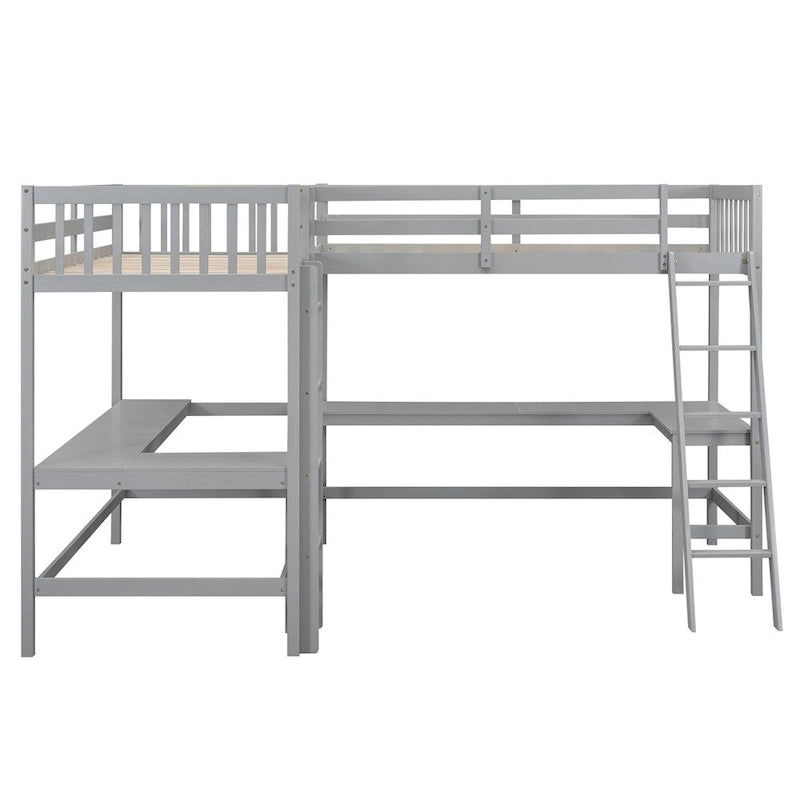 Lit mezzanine d'angle en bois, taille double, avec échelle et 2 bureaux intégrés