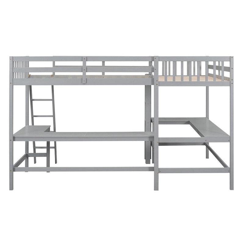 Lit mezzanine d'angle en bois, taille double, avec échelle et 2 bureaux intégrés
