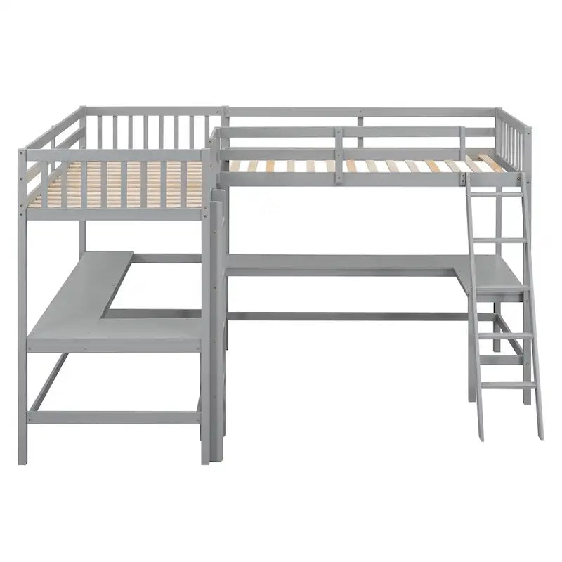 Lit mezzanine d'angle en bois, taille double, avec échelle et 2 bureaux intégrés