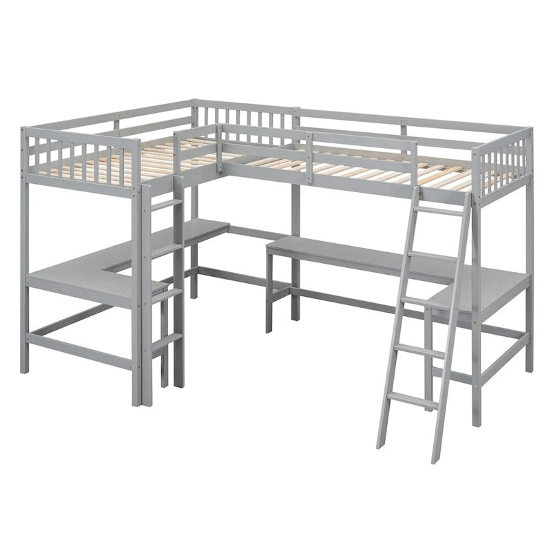 Lit mezzanine d'angle en bois, taille double, avec échelle et 2 bureaux intégrés