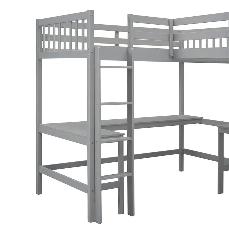 Lit mezzanine d'angle en bois, taille double, avec échelle et 2 bureaux intégrés
