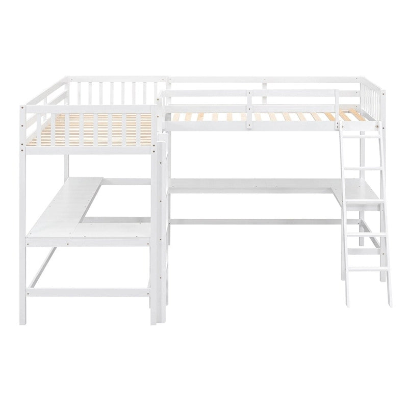 Lit mezzanine d'angle en bois, taille double, avec échelle et 2 bureaux intégrés