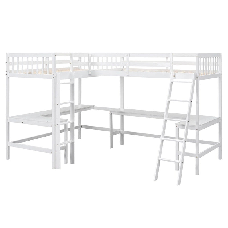 Lit mezzanine d'angle en bois, taille double, avec échelle et 2 bureaux intégrés