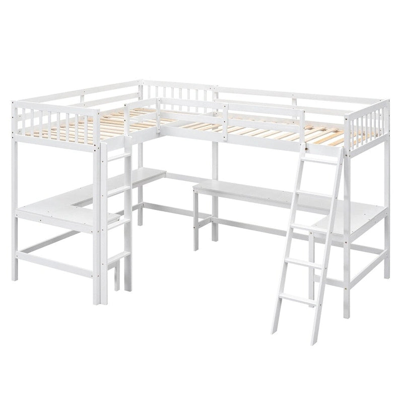 Lit mezzanine d'angle en bois, taille double, avec échelle et 2 bureaux intégrés