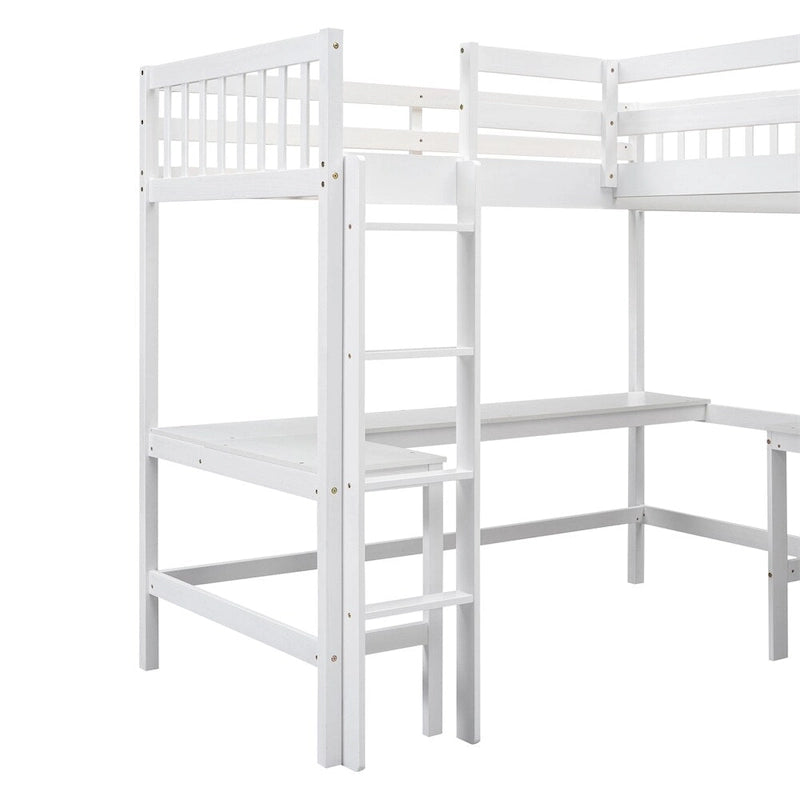 Lit mezzanine d'angle en bois, taille double, avec échelle et 2 bureaux intégrés