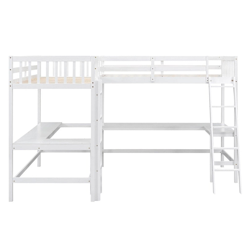 Lit mezzanine d'angle en bois, taille double, avec échelle et 2 bureaux intégrés