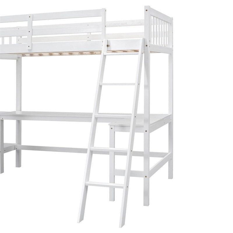 Lit mezzanine d'angle en bois, taille double, avec échelle et 2 bureaux intégrés