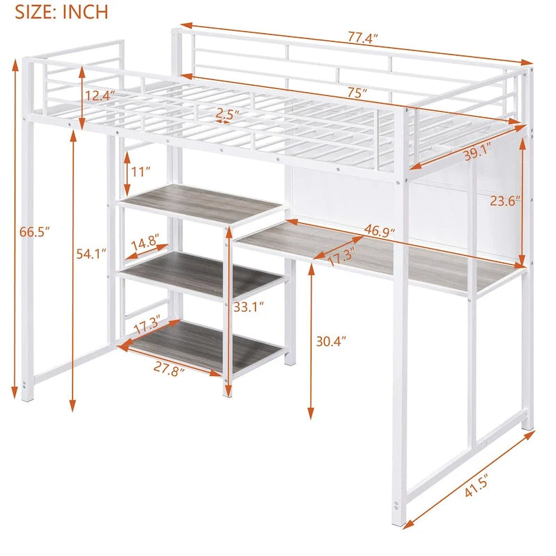 Lit mezzanine en métal blanc avec bureau, tableau blanc et 3 étagères, échelle incluse
