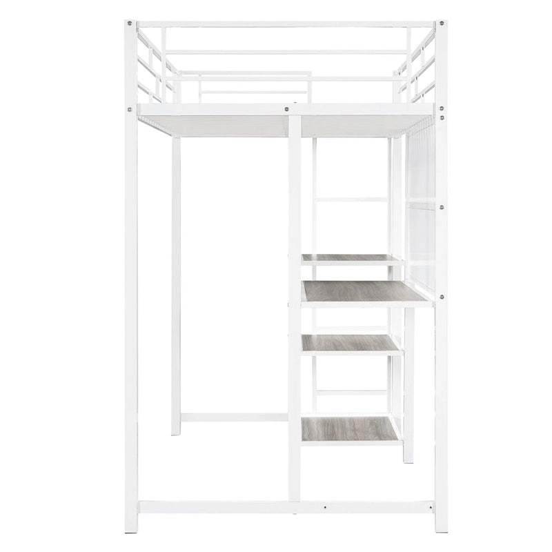 Lit mezzanine en métal blanc avec bureau, tableau blanc et 3 étagères, échelle incluse