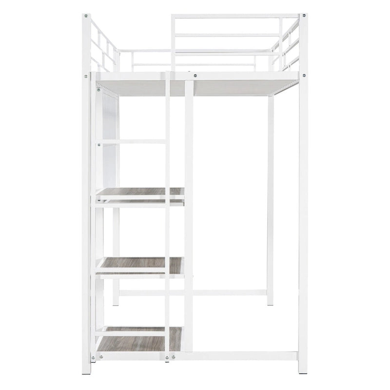 Lit mezzanine en métal blanc avec bureau, tableau blanc et 3 étagères, échelle incluse