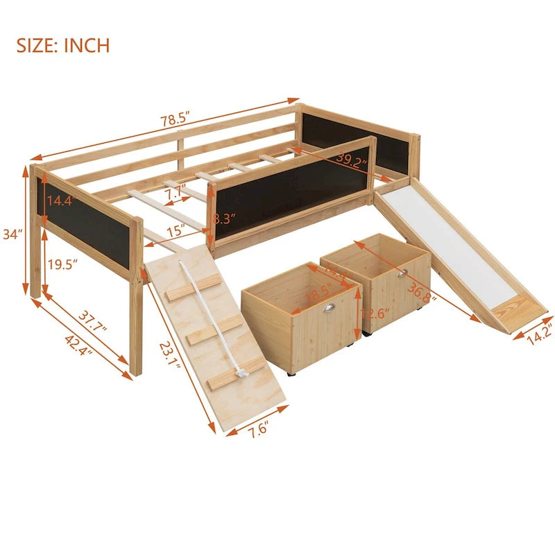 Lit mezzanine en pin avec structure d'escalade, corde et tableau noir