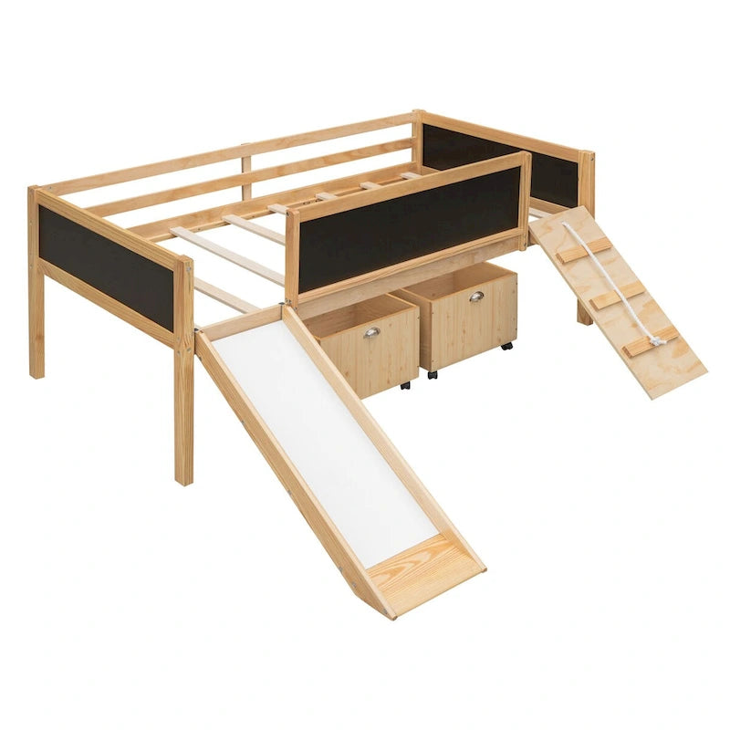 Lit mezzanine en pin avec structure d'escalade, corde et tableau noir