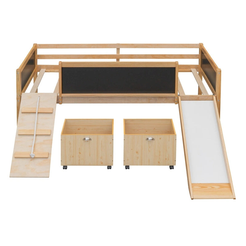 Lit mezzanine en pin avec structure d'escalade, corde et tableau noir