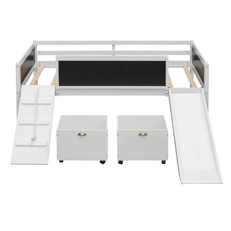 Lit mezzanine en pin avec structure d'escalade, corde et tableau noir