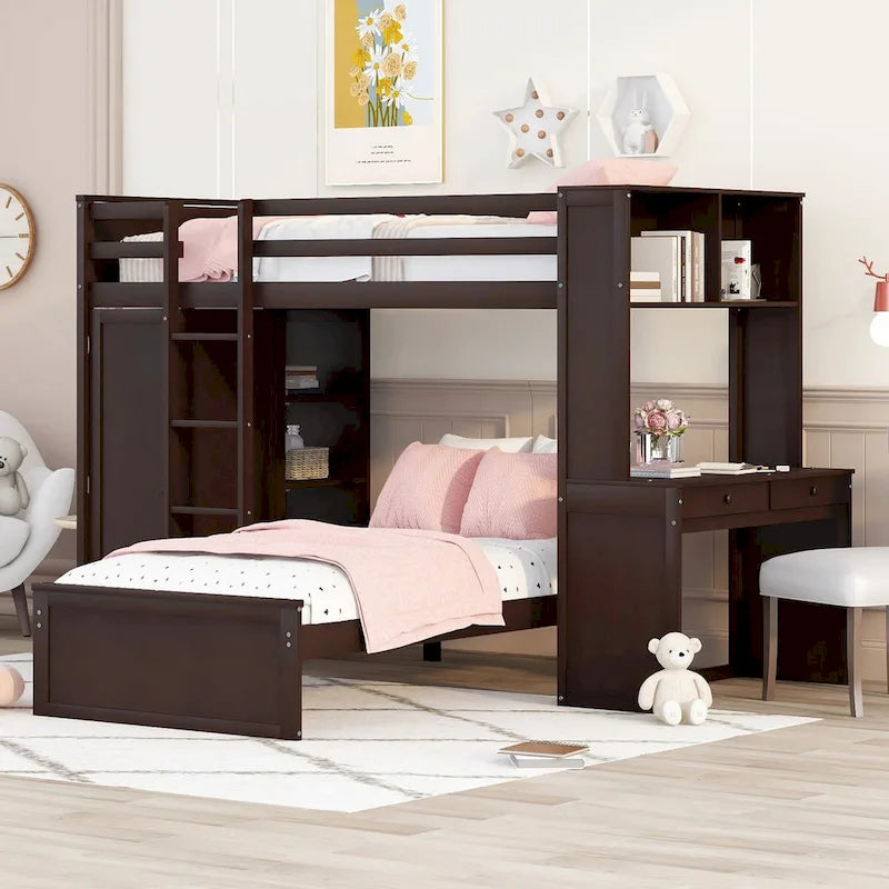 Lit mezzanine double avec lit indépendant, étagères, bureau et armoire