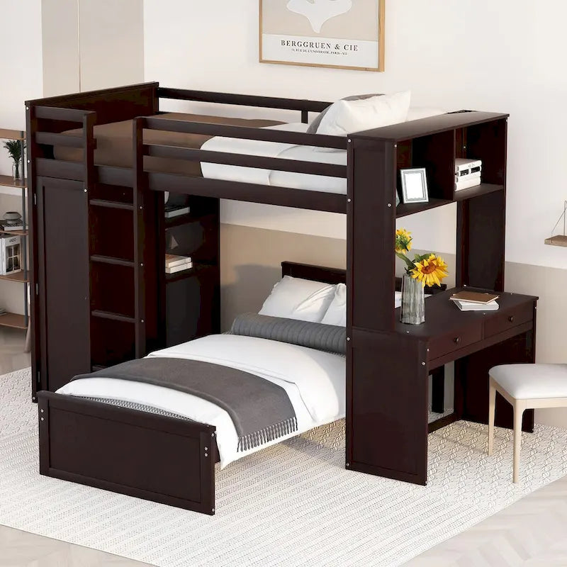Lit mezzanine double avec lit indépendant, étagères, bureau et armoire