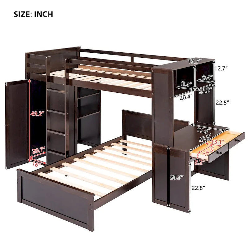 Lit mezzanine double avec lit indépendant, étagères, bureau et armoire