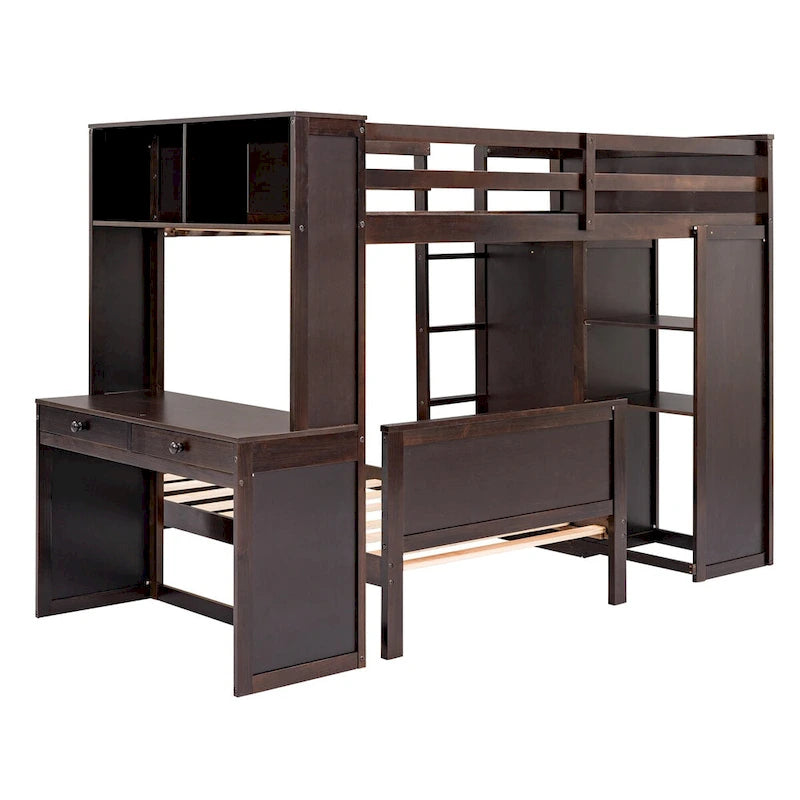 Lit mezzanine double avec lit indépendant, étagères, bureau et armoire