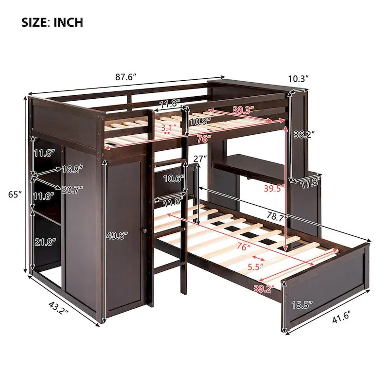 Lit mezzanine double avec lit indépendant, étagères, bureau et armoire