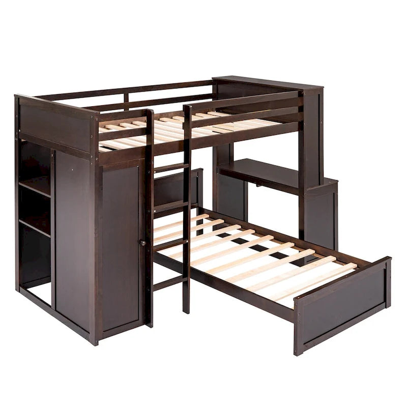 Lit mezzanine double avec lit indépendant, étagères, bureau et armoire