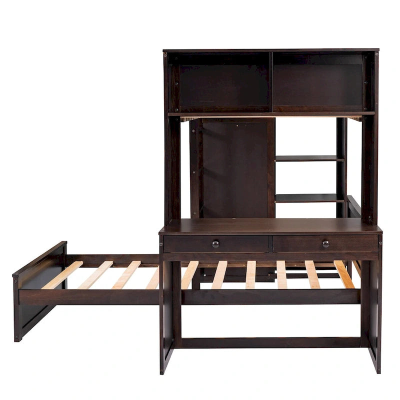 Lit mezzanine double avec lit indépendant, étagères, bureau et armoire