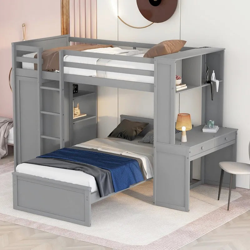 Lit mezzanine double avec lit indépendant, étagères, bureau et armoire