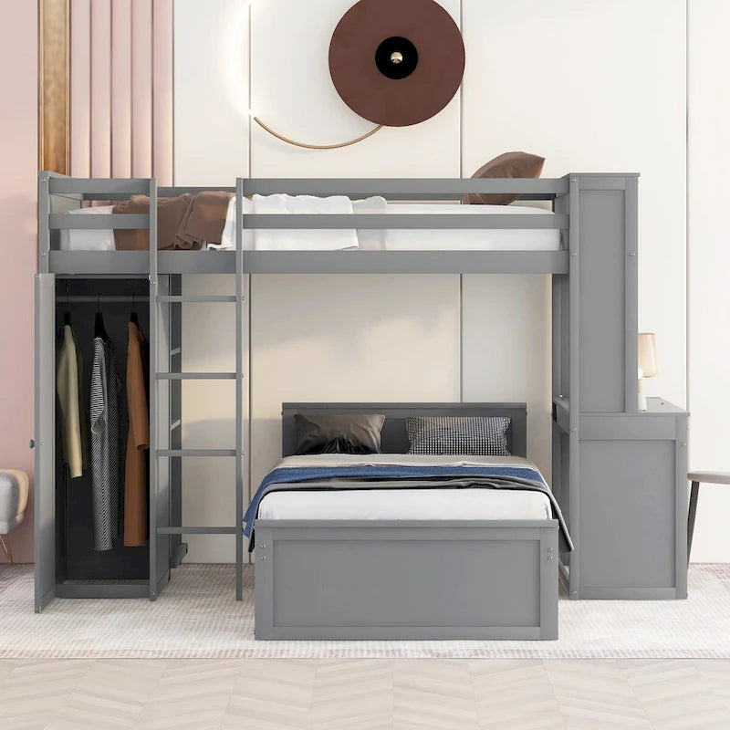 Lit mezzanine double avec lit indépendant, étagères, bureau et armoire