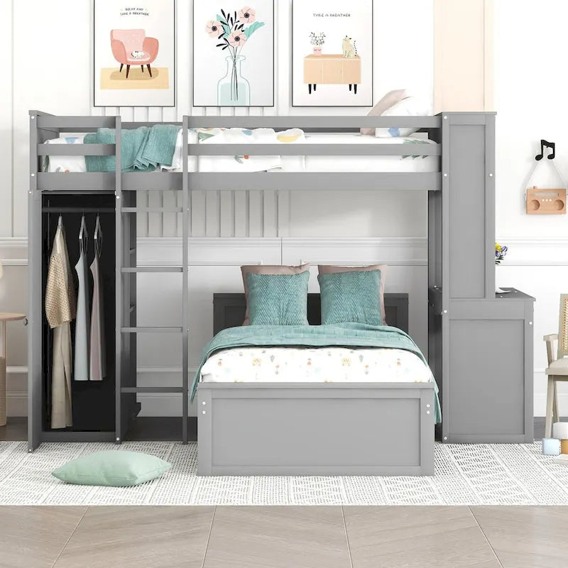 Lit mezzanine double avec lit indépendant, étagères, bureau et armoire