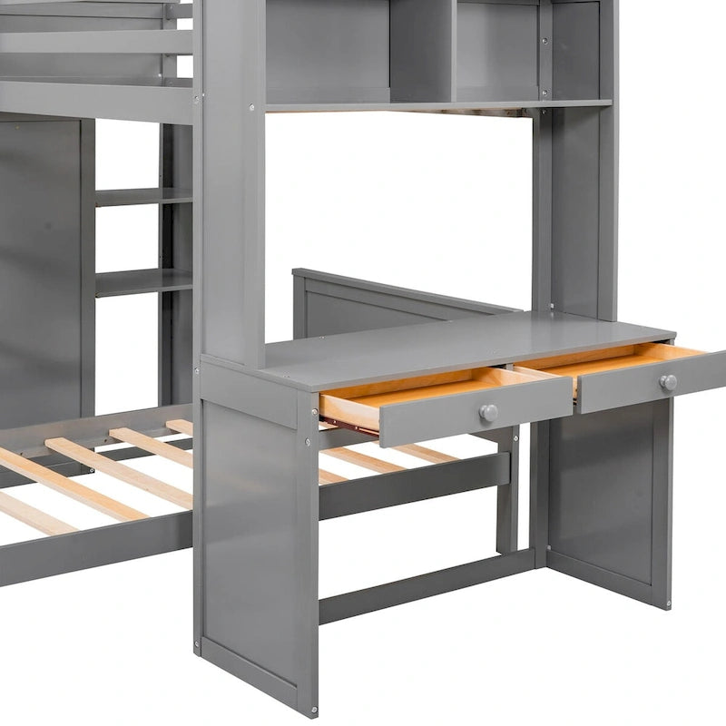 Lit mezzanine double avec lit indépendant, étagères, bureau et armoire