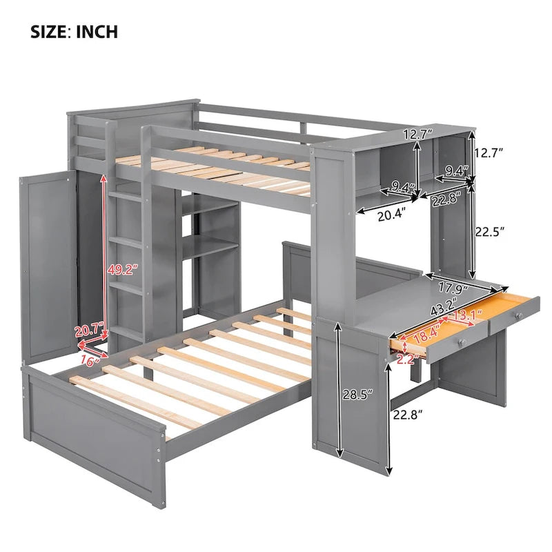 Lit mezzanine double avec lit indépendant, étagères, bureau et armoire
