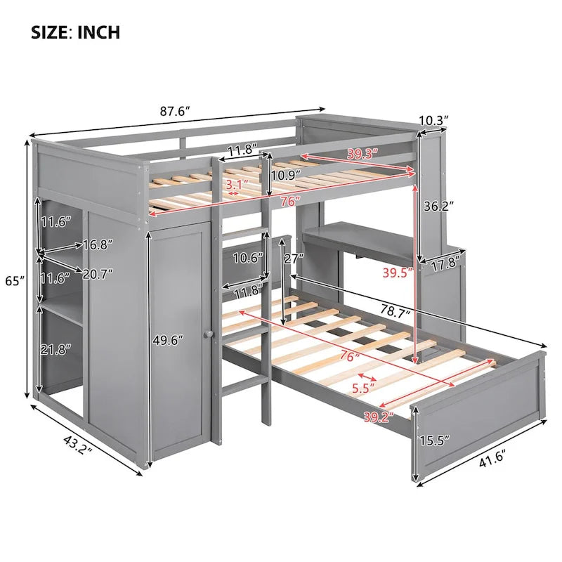 Lit mezzanine double avec lit indépendant, étagères, bureau et armoire