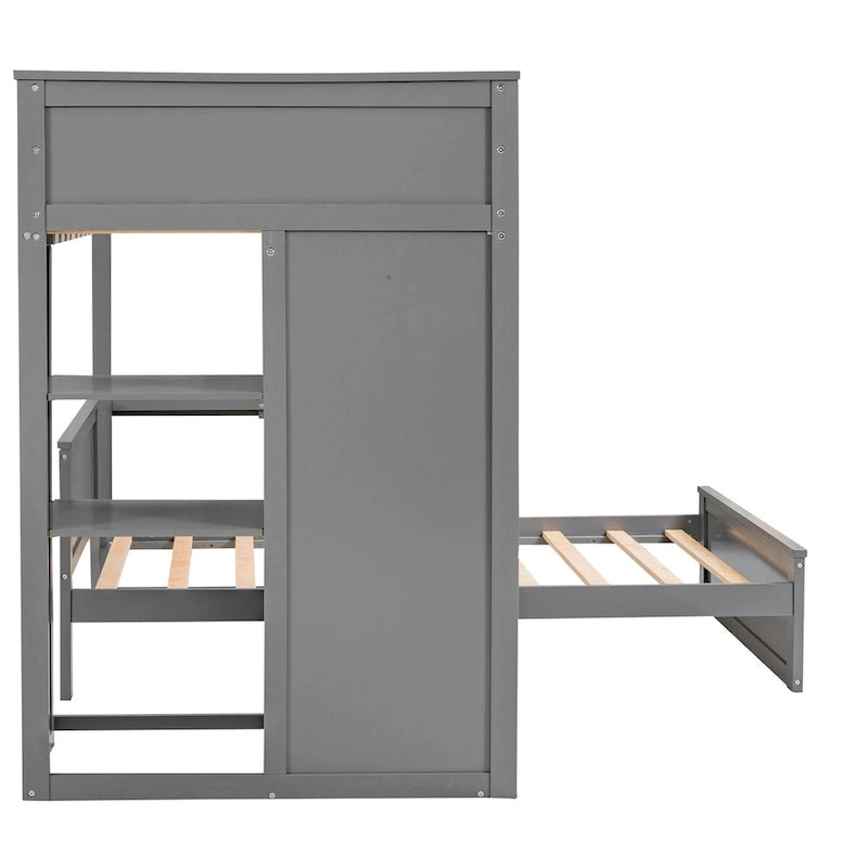 Lit mezzanine double avec lit indépendant, étagères, bureau et armoire