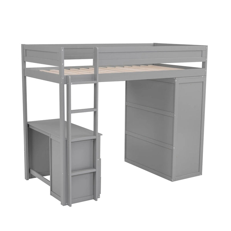 Lit mezzanine double en bois avec armoires et bureau 2 tiroirs avec meuble, lit superposé supérieur avec garde-corps pleine longueur pour enfants et adolescents