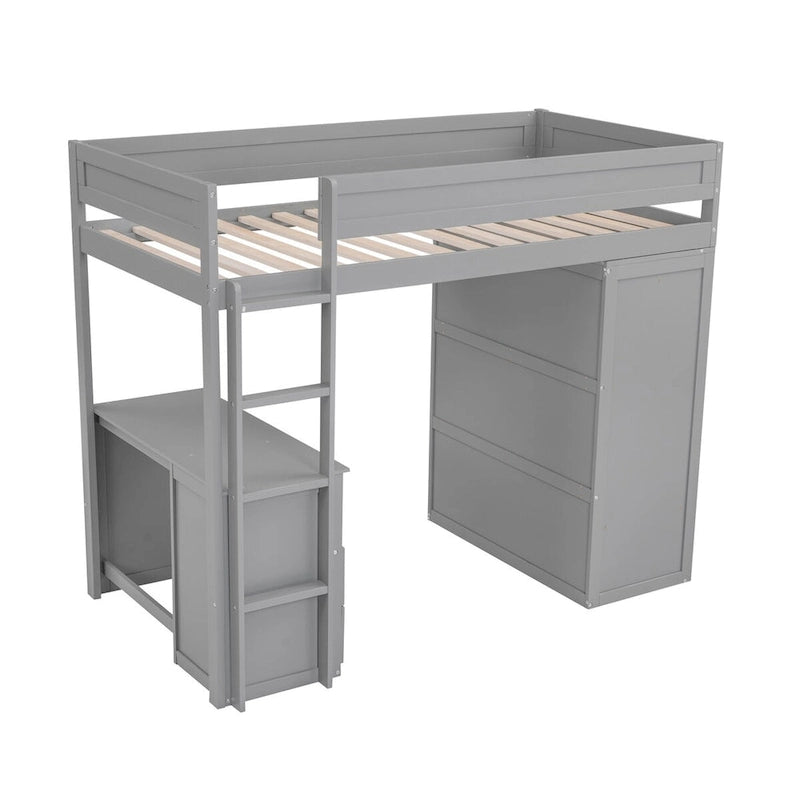 Lit mezzanine double en bois avec armoires et bureau 2 tiroirs avec meuble, lit superposé supérieur avec garde-corps pleine longueur pour enfants et adolescents