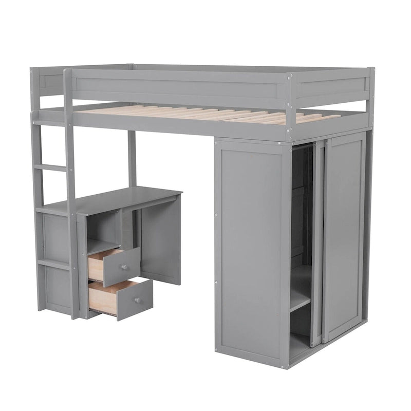 Lit mezzanine double en bois avec armoires et bureau 2 tiroirs avec meuble, lit superposé supérieur avec garde-corps pleine longueur pour enfants et adolescents