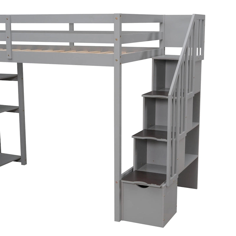 Lit mezzanine avec tiroirs de rangement et escalier, lit mezzanine en bois avec étagères