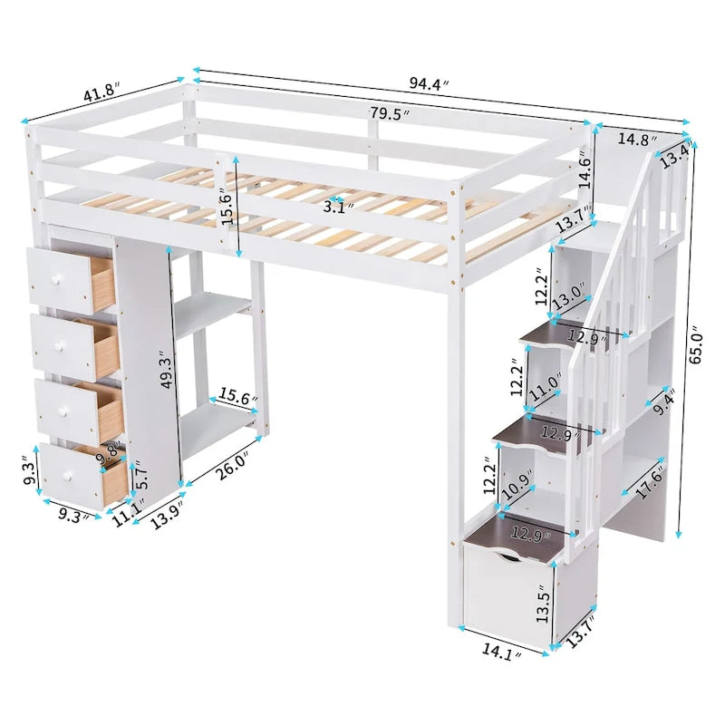 Lit mezzanine avec tiroirs de rangement et escalier, lit mezzanine en bois avec étagères