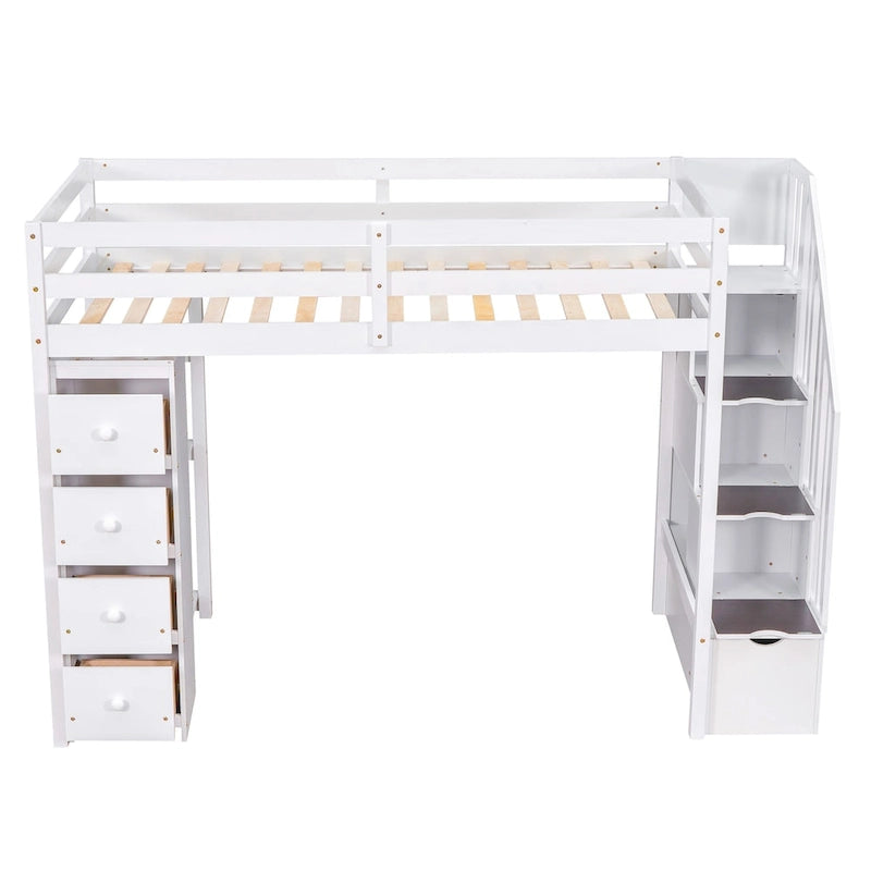 Lit mezzanine avec tiroirs de rangement et escalier, lit mezzanine en bois avec étagères